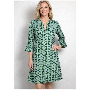 LESLEY EVERS Women’s Size S Green Floral Print Retro 3/4 Sleeve Shift Dress